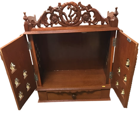Light Brown Wooden Puja Mandir for Home w/ Carving & Bells on Doors - 21"