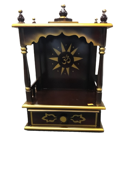 Traditional Small Wooden Mandir for Home in Dark Brown & Gold - 12"
