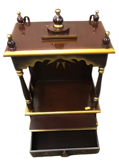 Traditional Small Wooden Mandir for Home in Dark Brown & Gold - 12"