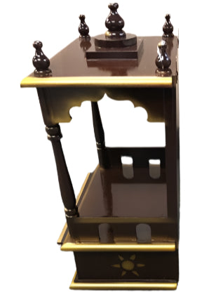 Traditional Small Wooden Mandir for Home in Dark Brown & Gold - 12"