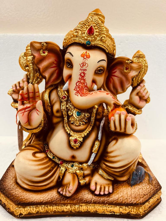 Beautiful Ganesh in Fiber W/Wooden Finish & Colorful Statue - 9" # 3