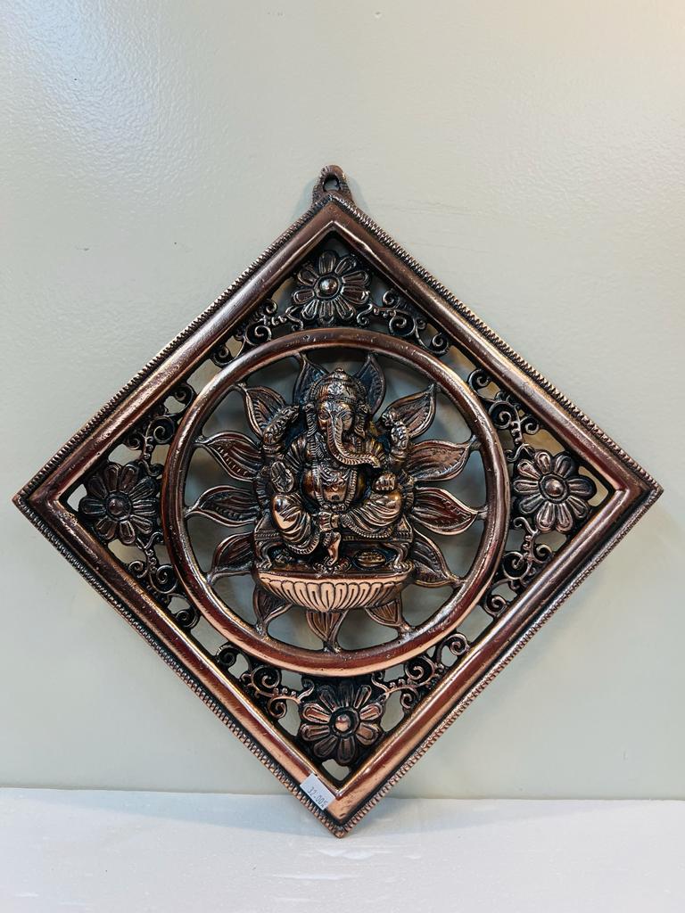 Black Metal Antique Wall Hanging Decor of Ganeshji in Frame - 16" # 4