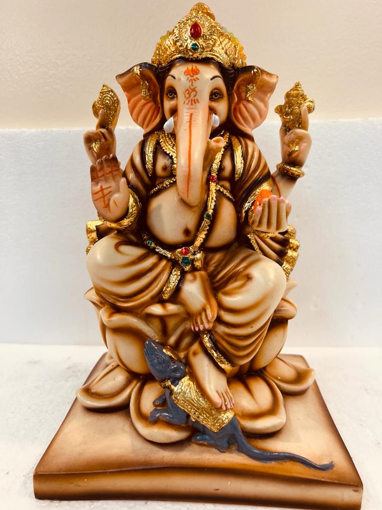 Beautiful Ganesh in Fiber W/Wooden Finish & Colorful Statue - 10" # 4