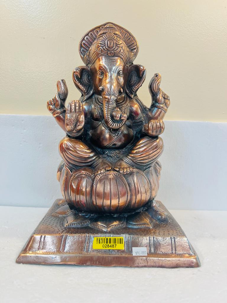 Artistic Carved Black Metal Ganesha Statue Sitting on Kamal - 14.5"