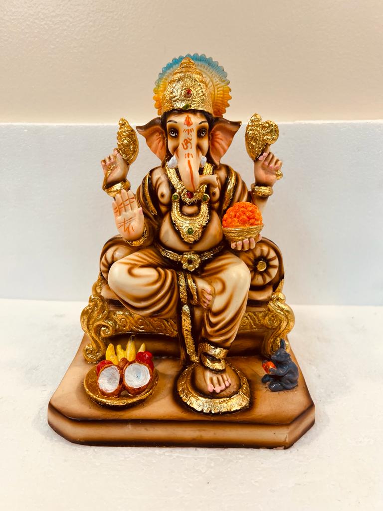 Beautiful Ganesh in Fiber W/Wooden Finish & Colorful Statue - 10" # 5