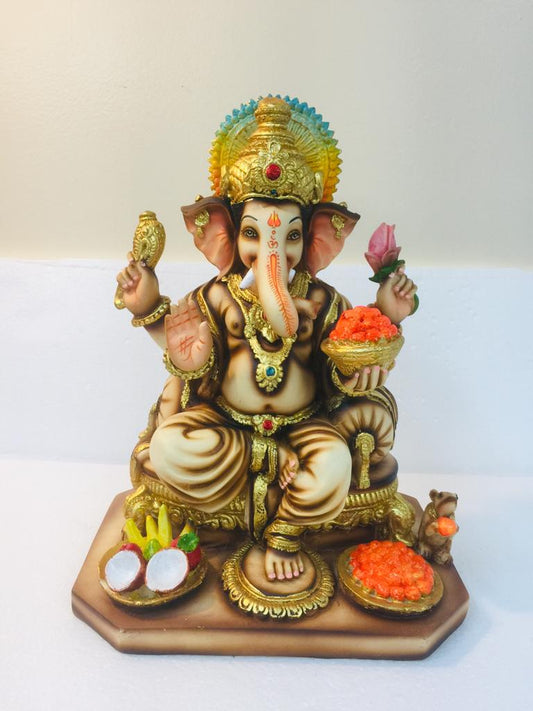 Beautiful Ganesh in Fiber W/Wooden Finish & Colorful Statue - 13" # 6