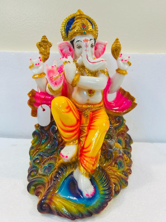 Beautiful & Colorful Fiber Ganesh Statue W/Peacock Feather Design - 11" # 2