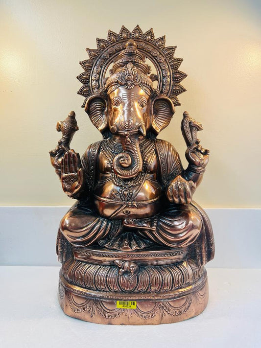 Artistic Carved Black Metal Ganesha Statue Sitting - 29"