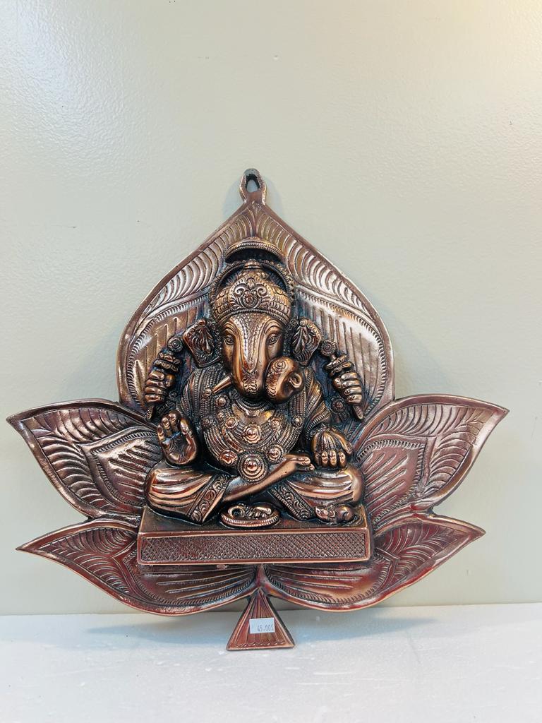 Black Metal Antique Wall Hanging Decor of Ganeshji On Leaf - 15.5"