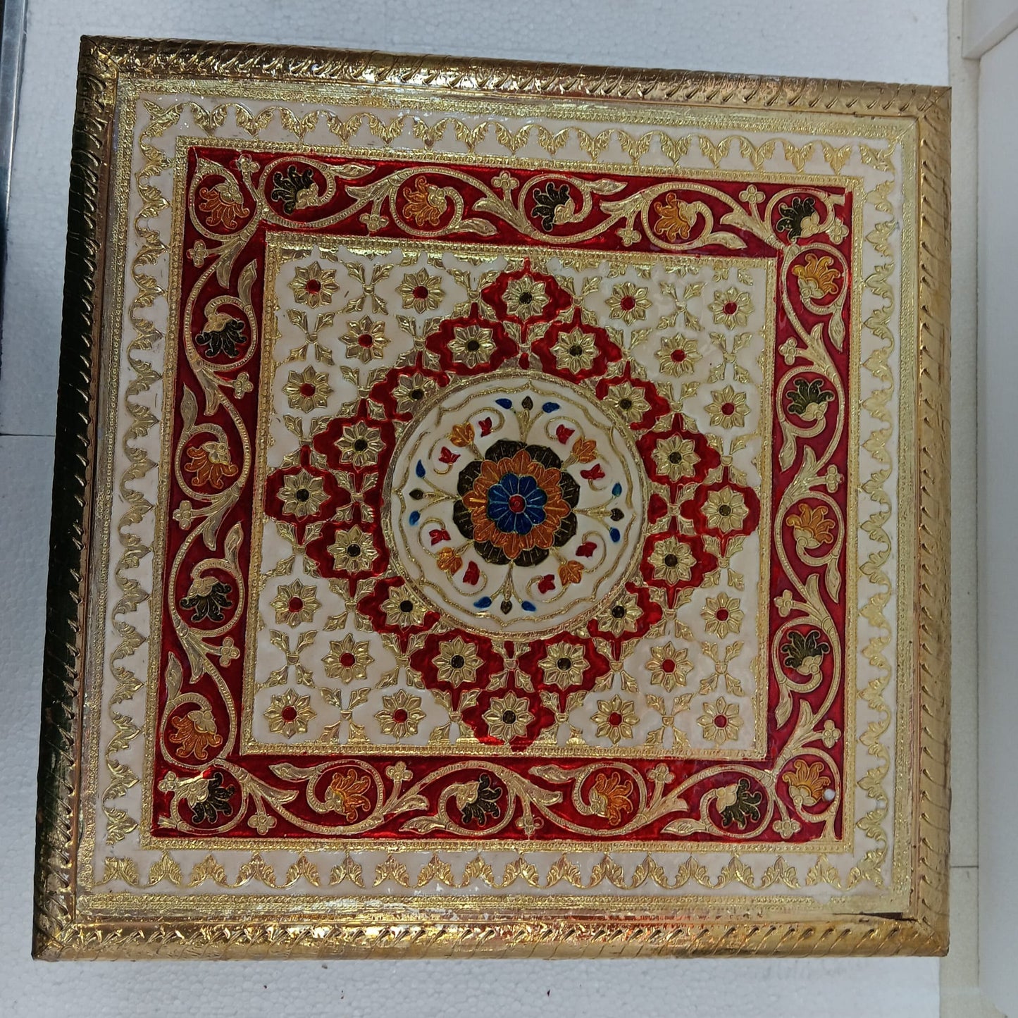 Golden Ethnic Meenakari Work Heavy Square Chowki / Bajot