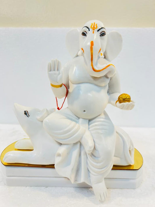 White Fiber in Marble Finishing Ganesh Statue W/Mouse - 6.5"