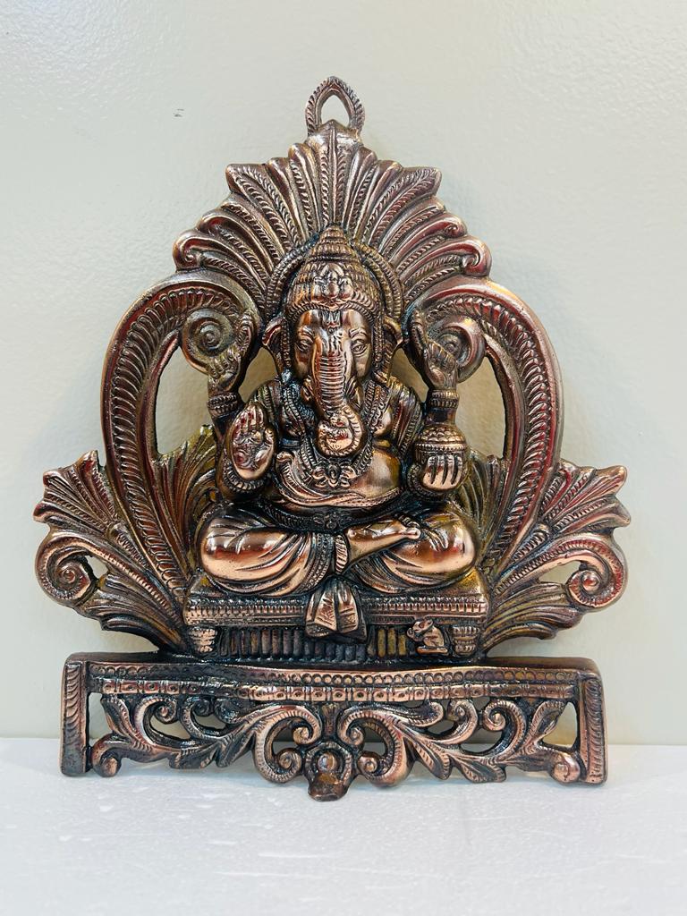 Black Metal Antique Wall Hanging Decor of Ganeshji on Sinhasan - 12"