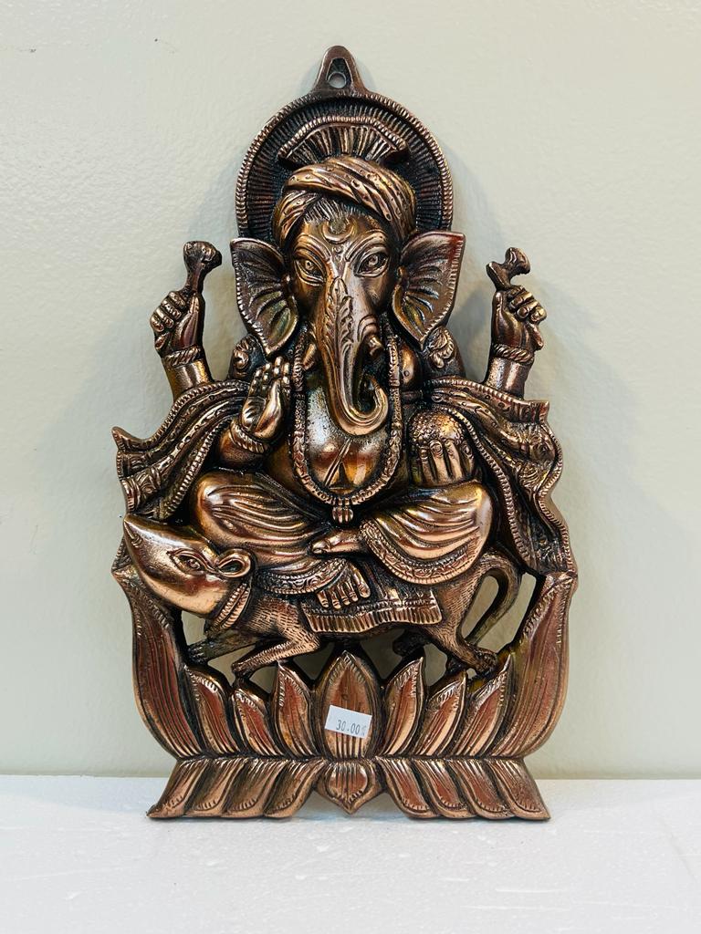 Black Metal Antique Wall Hanging Decor of Ganeshji on Kamal - 12.25"