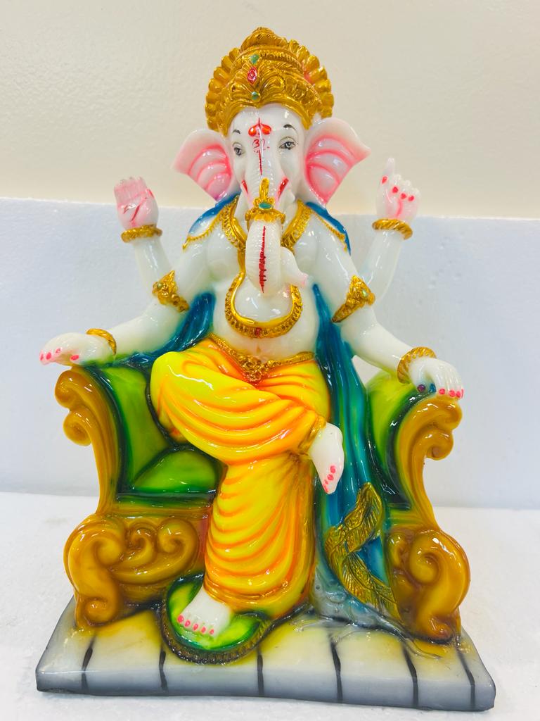 Beautiful & Colorful Fiber Ganesh Statue On Sinhasan - 12" # 8
