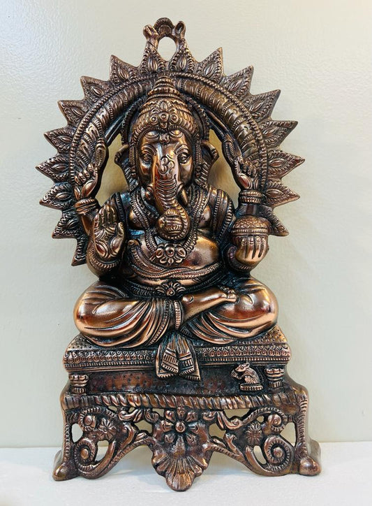 Black Metal Antique Wall Hanging Decor of Ganeshji on Bajot - 17"