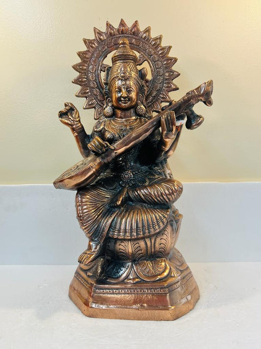 Artistic Black Metal Large Statue of Goddess Saraswati Maa 22"