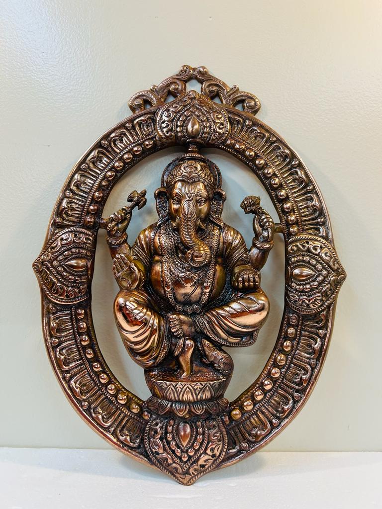 Black Metal Antique Wall Hanging Decor of Ganeshji in Oval - 17.5"