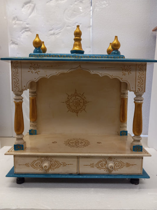 Handcrafted Blue & Gold Jaipuri Design Small Wooden Temple  18" Wide