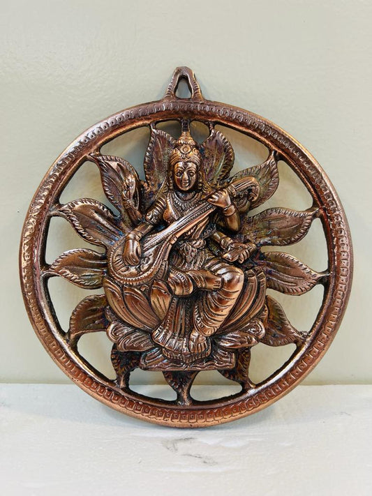 Black Metal Antique Wall Hanging Decor of Goddess Saraswati Mata - 9"