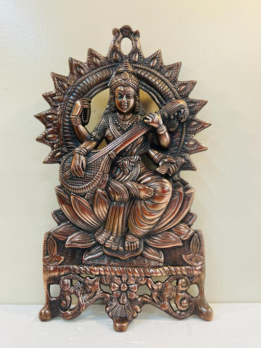 Black Metal Antique Wall Hanging Decor of Goddess Saraswati Mata - 17"