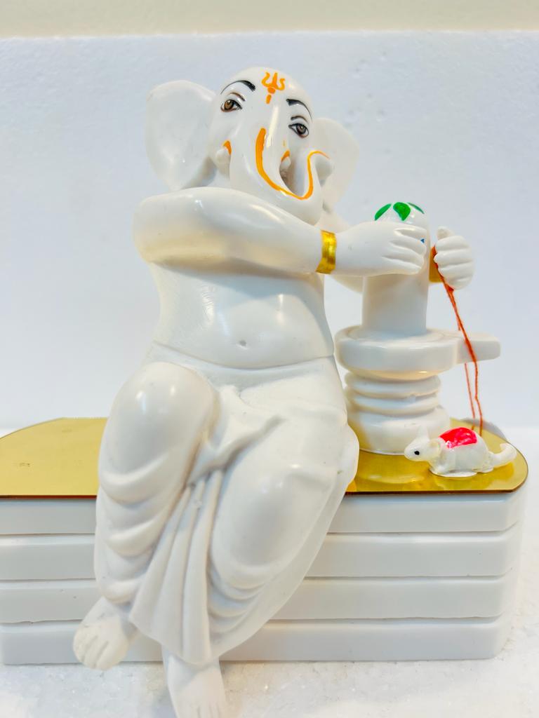 White Fiber in Marble Finishing Ganesh Statue W/Shivling & Mouse - 6.75"