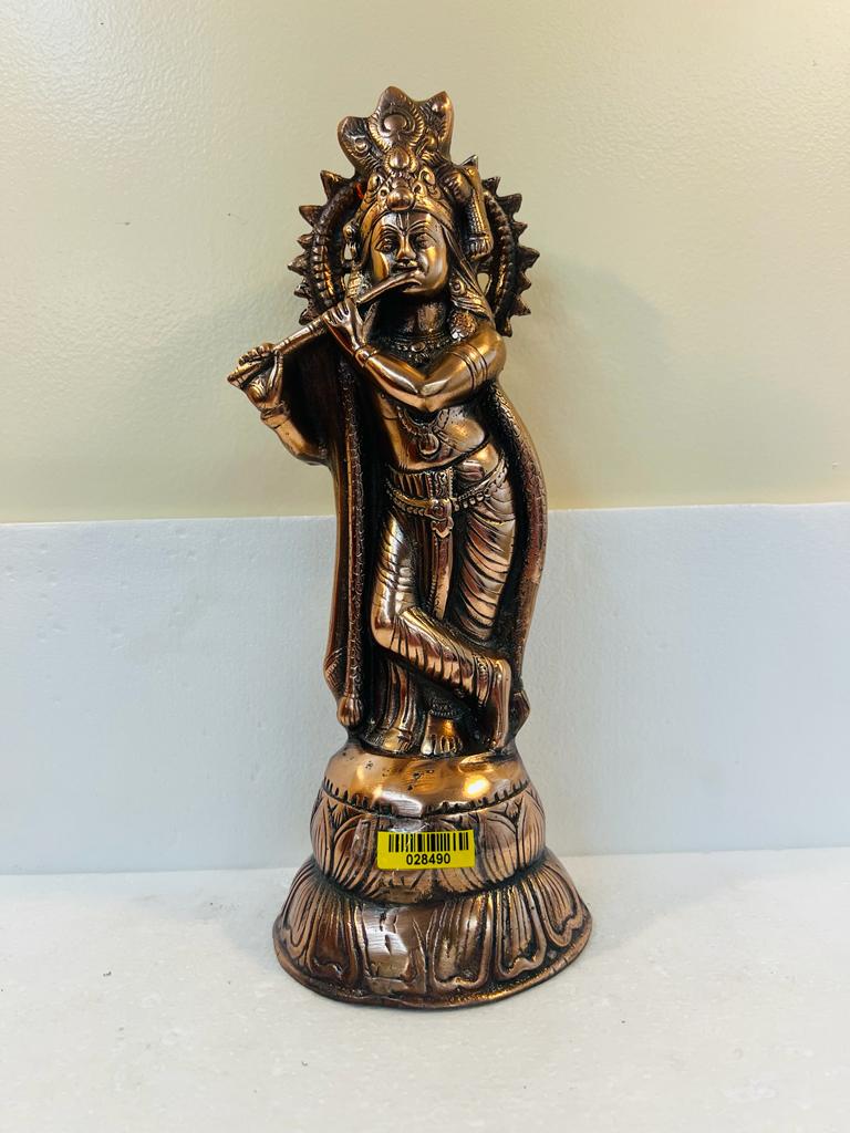 Artistic Black Metal Statue of Lord Krishna in his signature Pose 16"