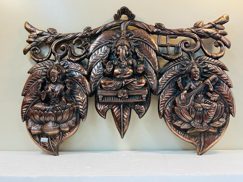 Black Metal Antique Wall Hanging Decor of Lakshmi, Ganeshji n Saraswatiji - 17"