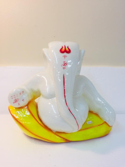 White Fiber in Marble Finishing Ganesh Statue in Abstract Style - 11.5"