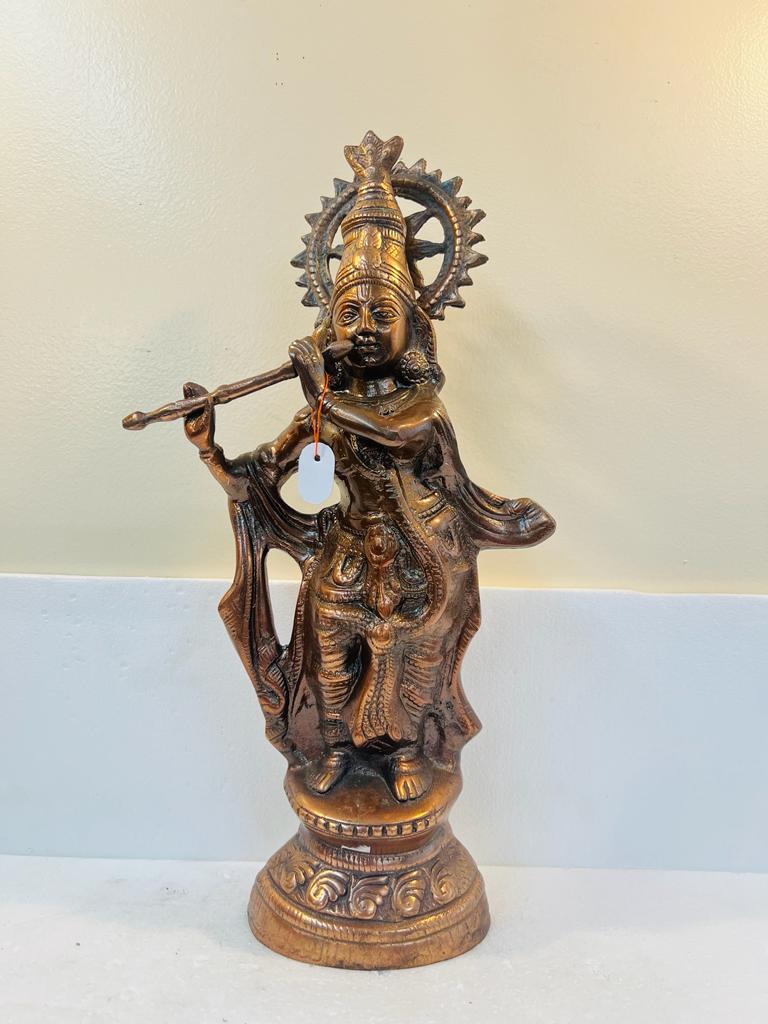 Artistic Black Metal Statue of Lord Krishna in his signature Pose 19.25"