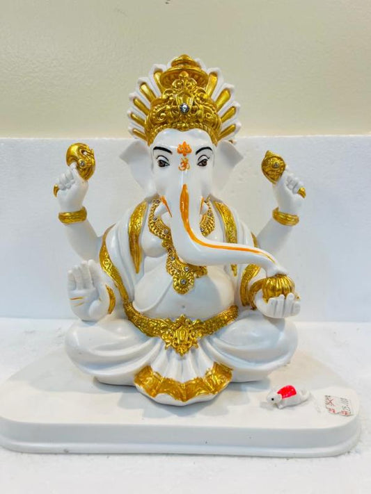 White Fiber in Marble Finishing W/Golden Color Ganesh Statue W/Mouse - 11.5"