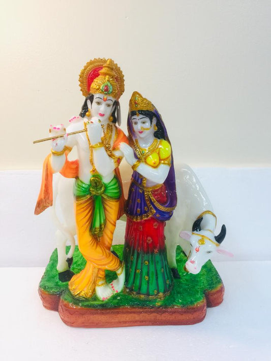 Beautiful & Colorful Fiber Statue of Radha Krishna W/ Cow - 18.25"