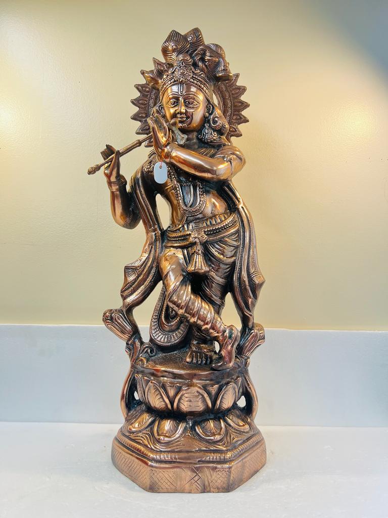 Artistic Black Metal Large Statue of Lord Krishna in his signature Pose 31"