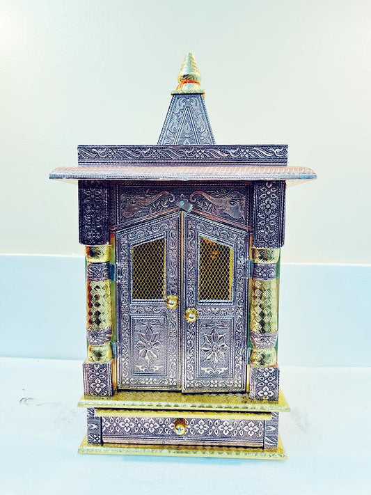 Traditional Aluminium Oxidised & Golden Plated Temple W/ Door - 20"