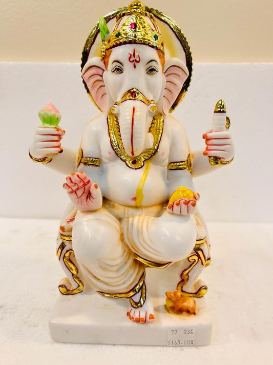 White Fiber in Marble Finishing  W/Golden Color Ganesh Statue W/Mouse - 9"