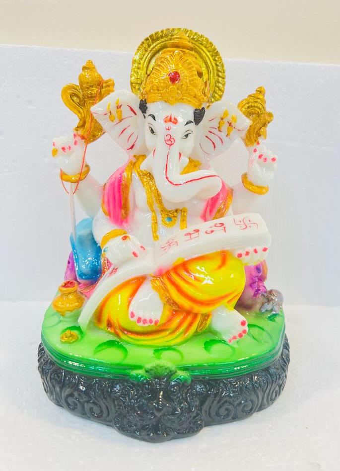 Beautiful & Colorful Fiber Medium Ganesh Statue - 7.75" # 61