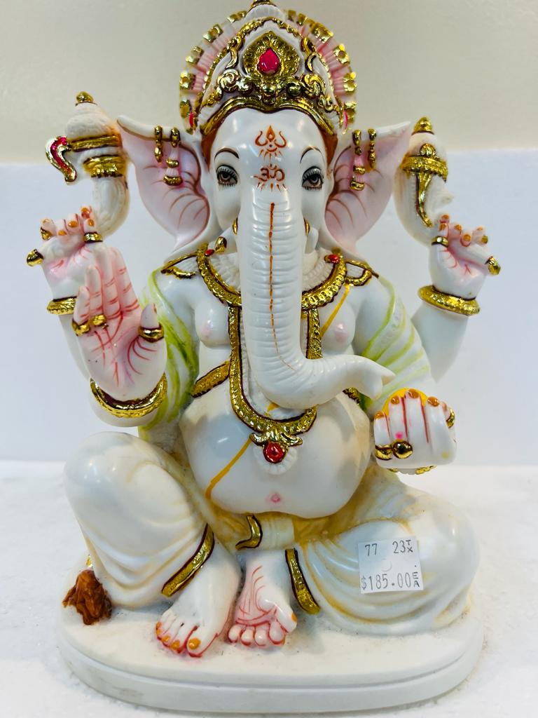 White Fiber in Marble Finishing W/Golden Color Ganesh Statue - 10"