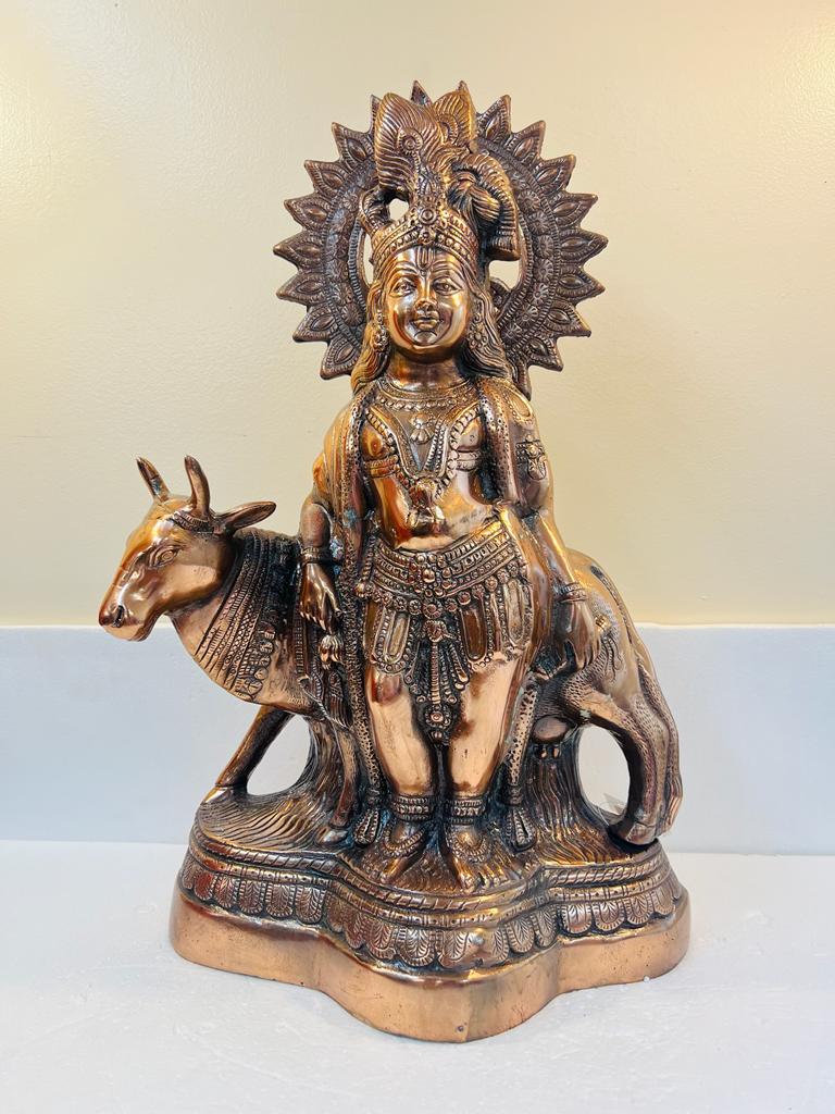 Artistic Black Metal Statue of Lord Krishna With Cow 24"