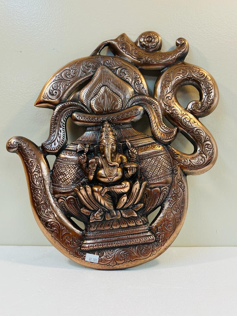 Black Metal Antique Wall Hanging Decor of Ganeshji With Om n Kalash - 15.5"