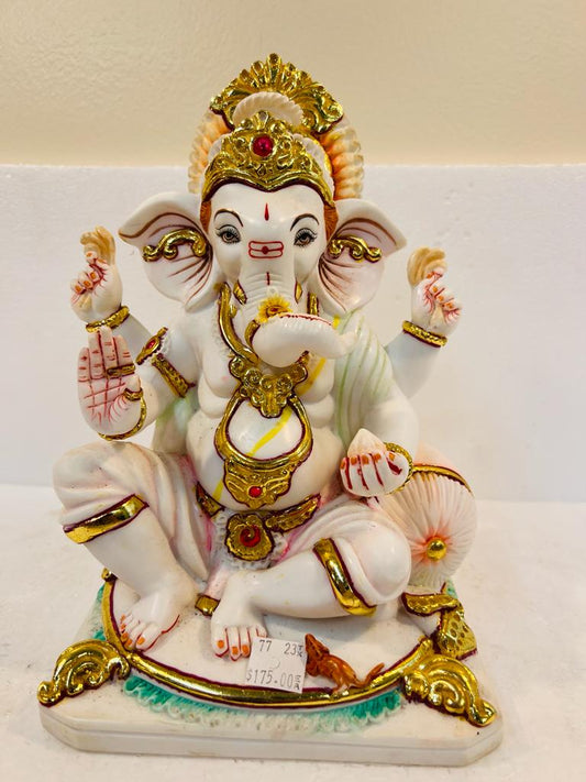 White Fiber in Marble Finishing W/Golden Color Ganesh Statue W/Mouse - 10"