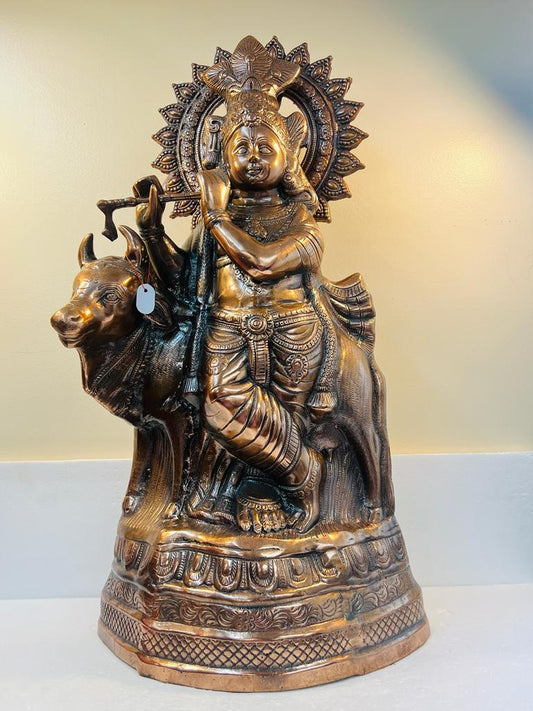 Artistic Black Metal Large Statue of Lord Krishna With Cow 34"