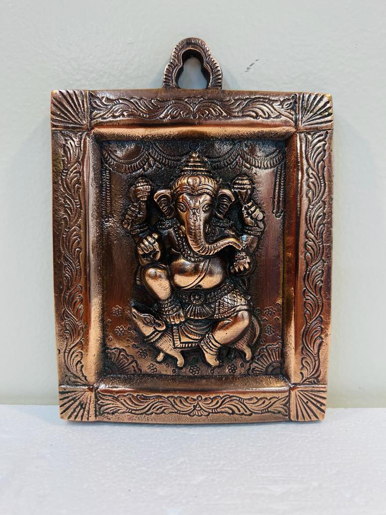 Black Metal Antique Wall Hanging Decor of Ganeshji in Frame - 7.25" # 1