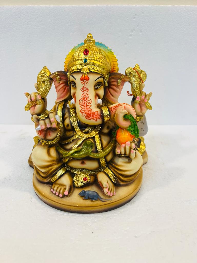 Beautiful Ganesh in Fiber W/Wooden Finish & Colorful Statue - 7" # 1
