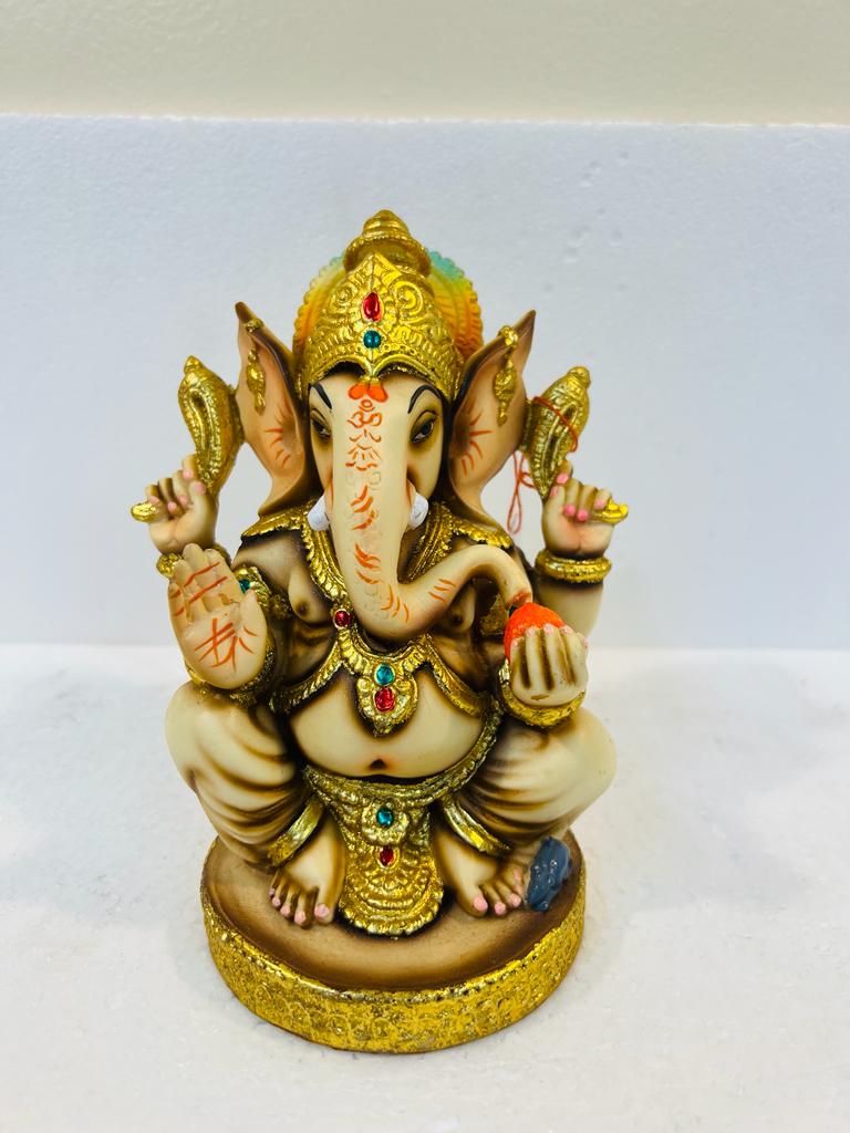 Beautiful Ganesh in Fiber W/Wooden Finish & Colorful Statue - 8" # 2