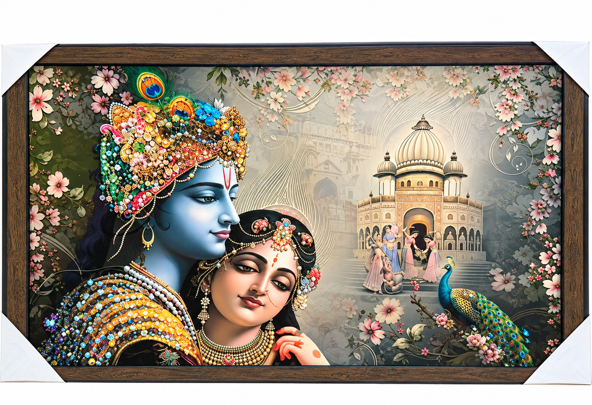 Radha Krishna Vrindavan Palace Resin Frame with Crystal Embellishments – 14" x 20"