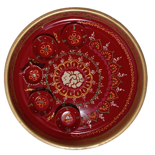 Beautiful Red Aarthi Thali with Rim and Accessories - 10.75 Inch