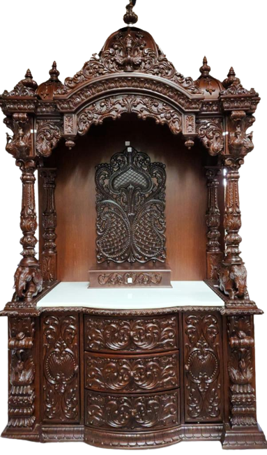 Beautifully Carved Extra Large Wooden Mandir W/ Marble Platform - 48" Wide