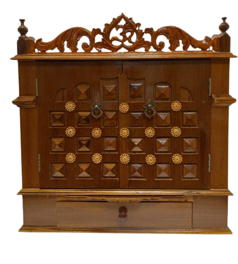 Beautifully Carved Wooden Mandir W/Brass Fitted Doors - 24" Wide