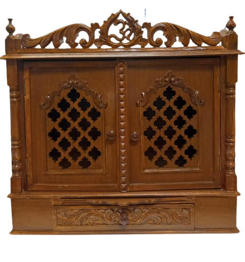 Beautifully Carved Wooden Mandir W/Jali Doors - 28" Wide