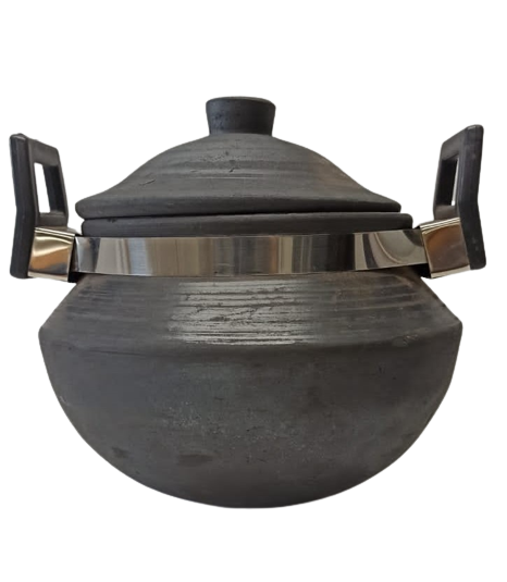 Natural Black Earthen Clay Cooking Handi /Pot W/Lid n Handle - 6"