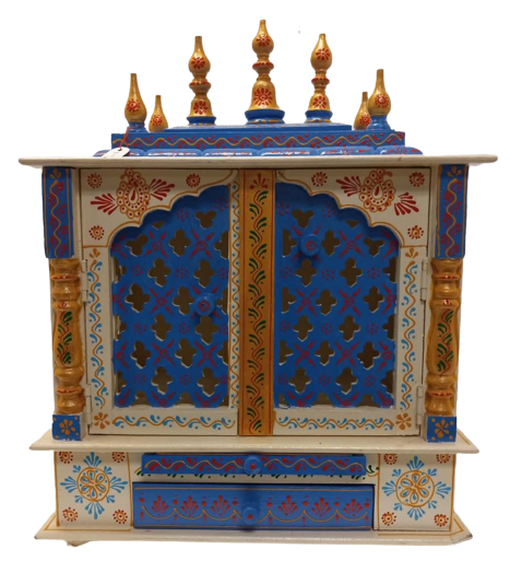 Handcrafted Blue & Gold Wooden Temple W/Door 18" Wide